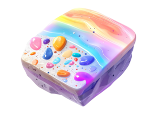 A colorful, layered dessert square with a rainbow top and colorful sprinkles
