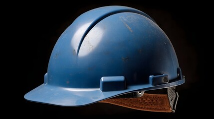 Blue construction hard hat with visible scratches on a black background signifying safety and protection