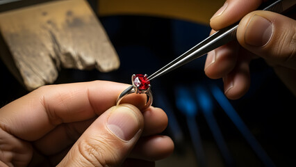 Professional jeweler setting ruby gemstone into silver ring | Close-up of artisan crafting luxury ruby engagement ring | Detailed process of fine jewelry making and stone setting 