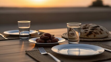 Simple Iftar Table with Dates and Bread on Ramadan Evening in Soft Warm Light
