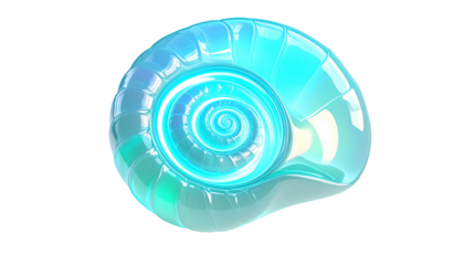 Luminous, swirling shell with gradient blues and greens against black