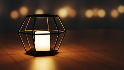 Geometric metal lantern with glowing light on wooden floor.