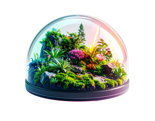 Miniature thriving garden in a transparent dome with vibrant flora