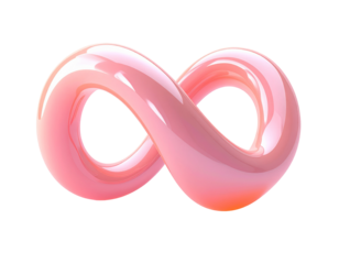 Glossy, pink, 3D infinity symbol against a stark black background