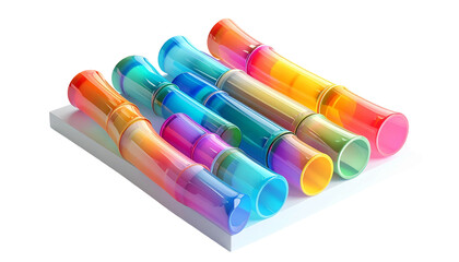 Array of colorful, translucent tubes, angled on a white platform, black backdrop