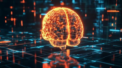 The clip shows a digital representation of a brain connected to artificial intelligence technology in a data environment - Powered by Adobe