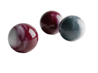 Three glass marbles in red and black on transparent background isolated