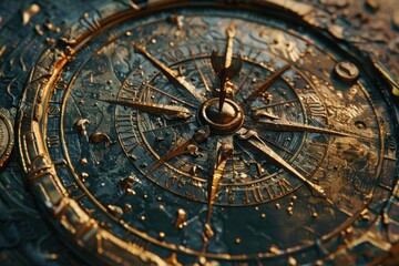Fototapeta premium Ornate compass featuring intricate designs and a weathered metallic finish
