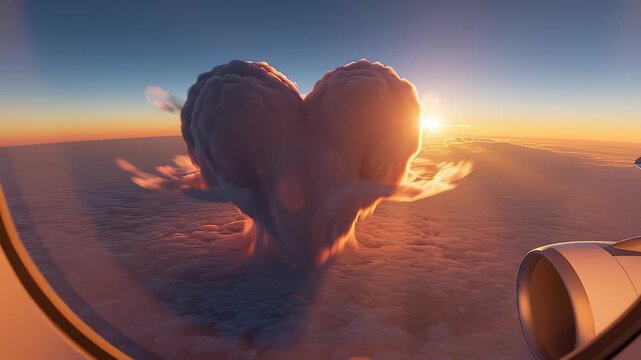 Flying Above Clouds Showing Heart Shape at Sunrise From Airplane Window