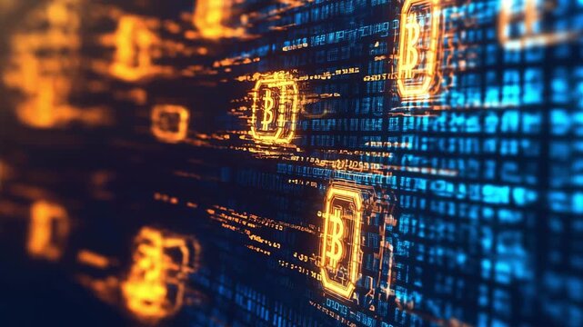 This shows blockchain technology with bitcoin symbols moving through a digital space filled with binary code