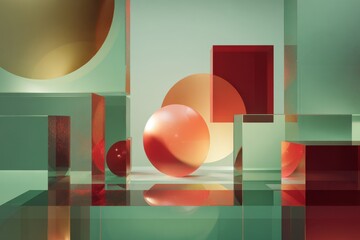 Abstrakte geometrische 3D-Komposition mit Kugel und transparenten Glasformen in warmen Farben