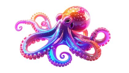 A vibrant octopus illustration, glowing with rainbow hues against a black background