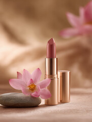 premium pink lipstick with rose gold casing styled beside fresh lotus flowers on a soft beige studio background