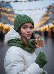 Young woman with a joyful expression holding a gingerbread cookie against a festive background