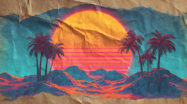 Tropical sunset with palm trees - Powered by Adobe