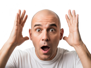 Surprised bald man with shocked expression on transparent background isolated