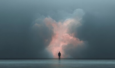 Solitary Figure Gazing at Ethereal Clouds Over Calm Waters