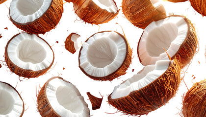 Falling halves of brown coconuts with fluffy white flesh, black backdrop