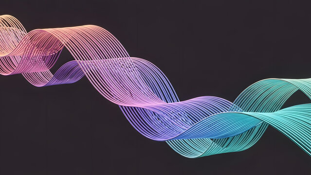 Abstract wavy gradient lines on black background for technology design | 3D rendered digital flow visualization of data or sound waves | Colorful neon wireframe pattern moving wave structure - Powered by Adobe