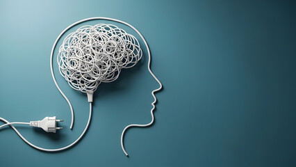 Conceptual tangled electric wires forming human brain | Unplugged mind metaphor for mental block, confusion, and stress | Abstract 3D illustration of complex thinking and neural connectivity 