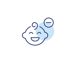 Smiling baby boy and minus symbol. Care reduced, parenting unavailable. Pixel perfect, editable stroke vector icon
