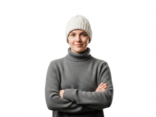 Smiling woman in gray sweater and white beanie isolated on transparent background