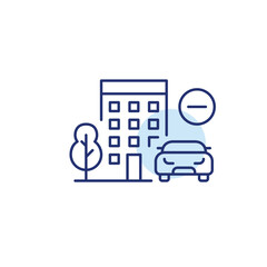 Car parking restriction, no vehicle access in residential area. Apartment building, tree and minus. Pixel perfect, editable stroke vector icon