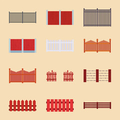 Wooden Fence Flat Illustration Collection Set