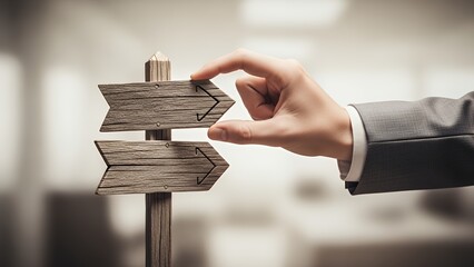 Hand holding a wooden signpost with directional arrows in an office environment