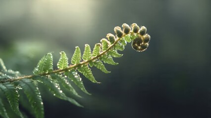 Fototapeta premium Unfurling fern frond in soft morning light