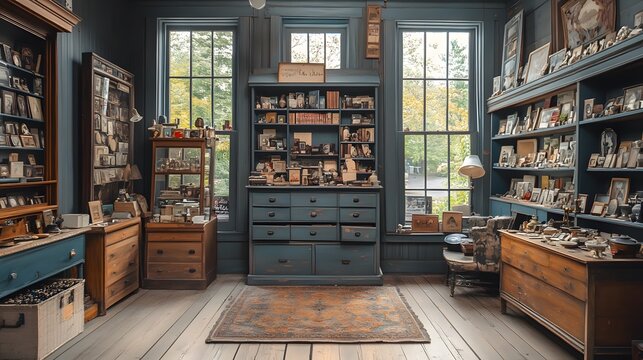 A cluttered antique shop with various items on display in a cozy room