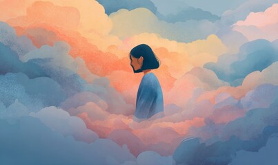 Dreamy figure in soft clouds representing serenity and introspection