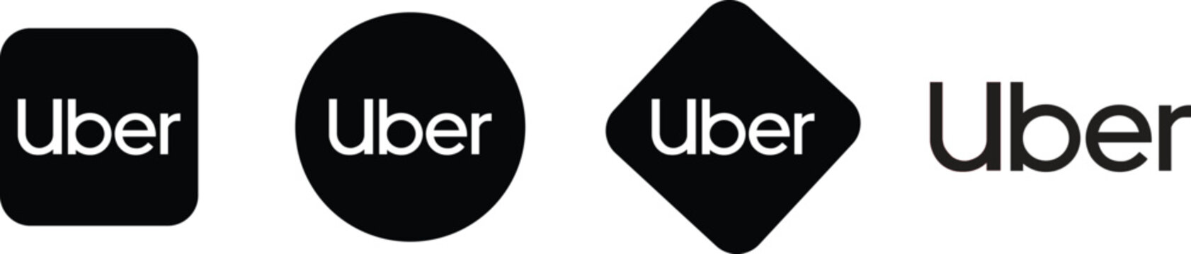 Uber logo collection with black app icons and wordmark isolated on white background.