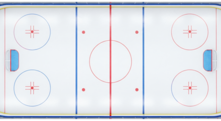 Symmetrical top-down view of a pristine, empty ice hockey rink in a professional arena with glossy ice and vibrant markings. Concept of anticipation and sport
