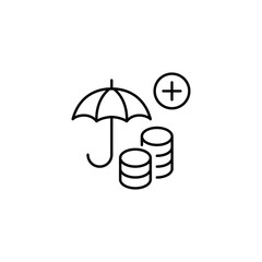 Coins stack under umbrella and plus. Insurance save, finance protect, money cover. Pixel perfect, editable stroke vector icon