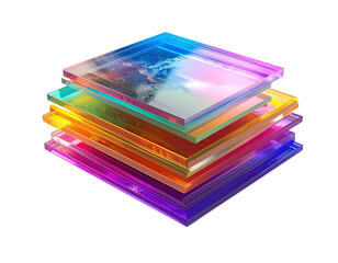 Stack of vibrant translucent glass layers reflecting light