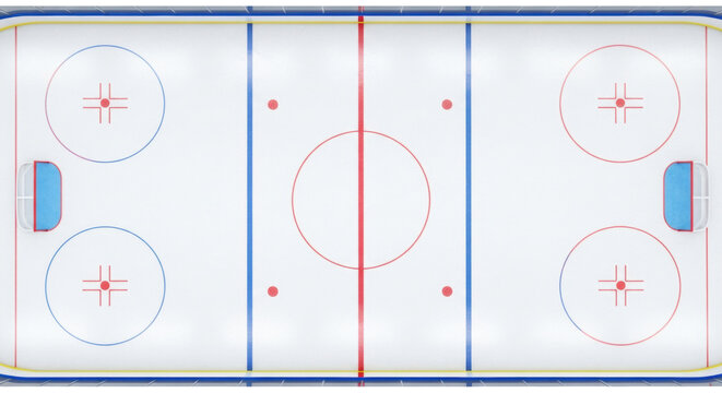 Symmetrical top-down view of a pristine, empty ice hockey rink in a professional arena with glossy ice and vibrant markings. Concept of anticipation and sport