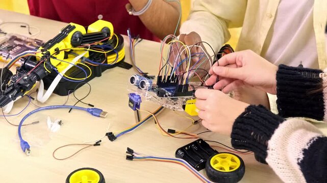 Several hands assemble a small wheeled robot on a table, connecting wires, sensors, and a microcontroller during a collaborative electronics and robotics project.