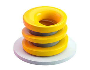 3D rendered yellow rings stacked on a white disc, grey spacers