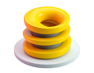 3D rendered yellow rings stacked on a white disc, grey spacers