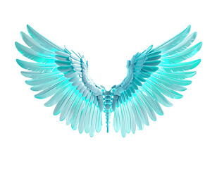 Glowing, ethereal angel wings with a turquoise glow against black