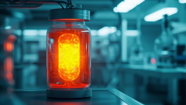 Glowing energy capsule laboratory container showing peak power and advanced technology reliability