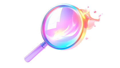 A glowing, stylized magnifying glass with colorful iridescent splash