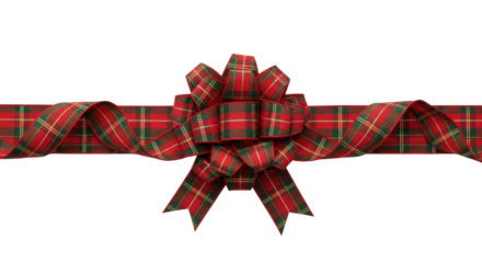 A classic christmas plaid tartan ribbon with a bow, arranged as a horizontal border on a transparent background with copy space. Festive holiday celebration concept