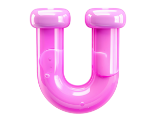 A glossy, pink capital letter "U" with a 3D effect on a black background
