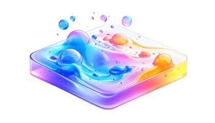 Colorful liquid bubbles on a clear square platform against black