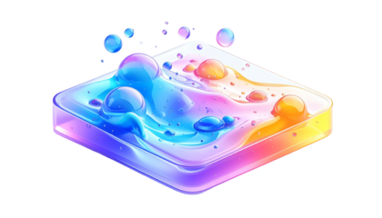 Colorful liquid bubbles on a clear square platform against black