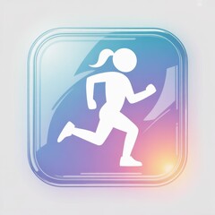 A holographic icon of a single white silhouette of a running figure captured mid-stride, with a ponytail, set in a translucent, rounded square, colorful gradient background