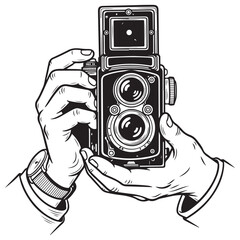 Vintage Camera Held by Hands in Stylized Black and White Line Art