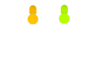 Yellow and green bulbs hanging on a string isolated on transparent background